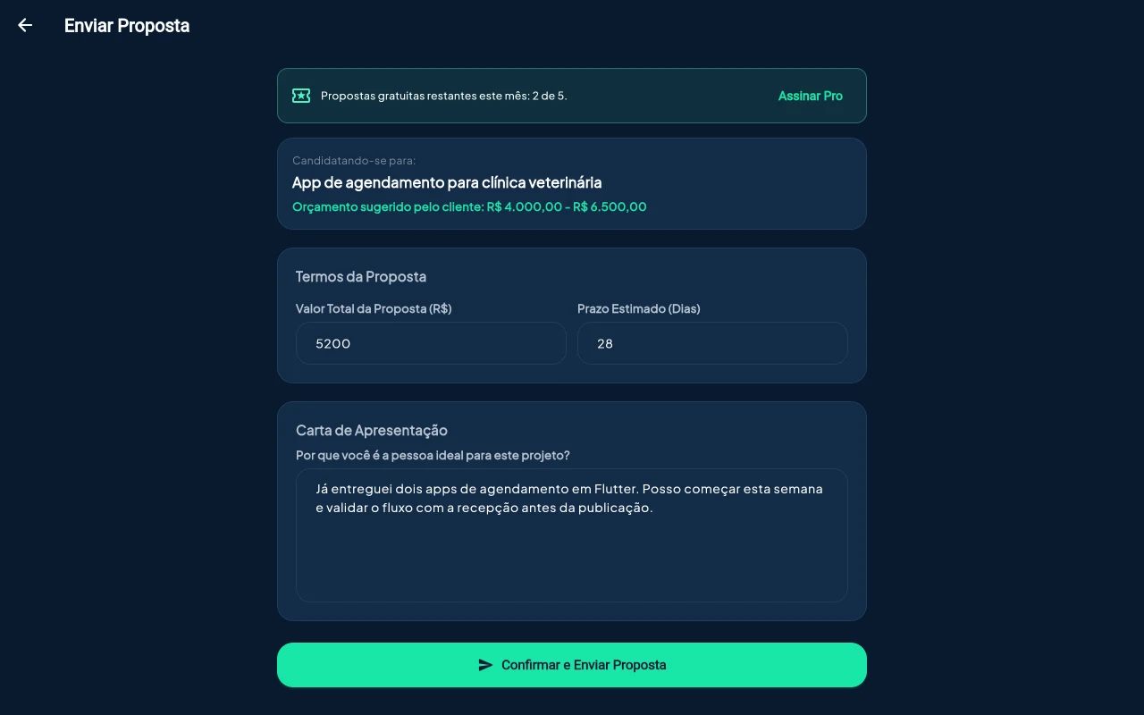 Tela Enviar Proposta com valor, prazo e carta de apresentação