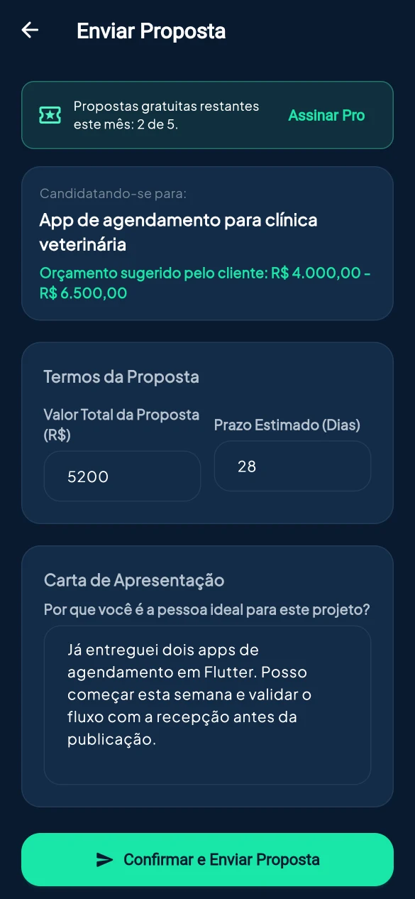 Tela Enviar Proposta com valor, prazo e carta de apresentação