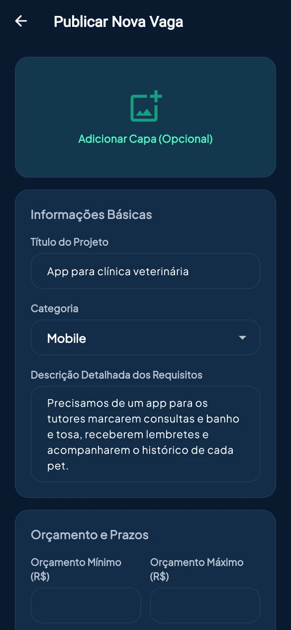 Tela Publicar Nova Vaga com título, categoria e descrição preenchidos